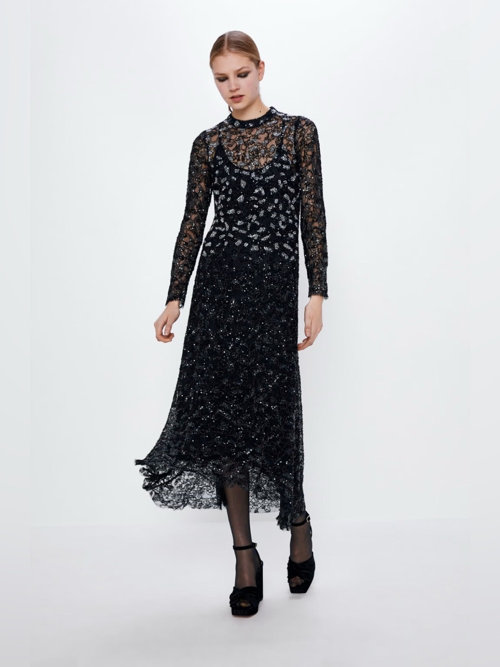 Zara Black Lace Long-Sleeve Midi Dress with Silver Accents